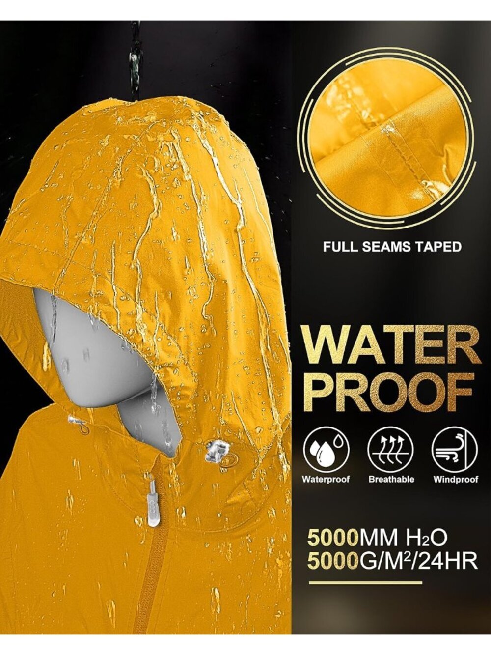 Women's Waterproof Long Packable Rain Jacket Amber Gold with Hood Trench Coats - Picture 3 of 6
